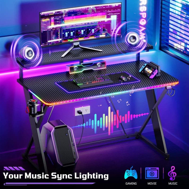 43" X-Shaped Gaming Desk with Music Sync LED, Monitor Stand Black Racing4