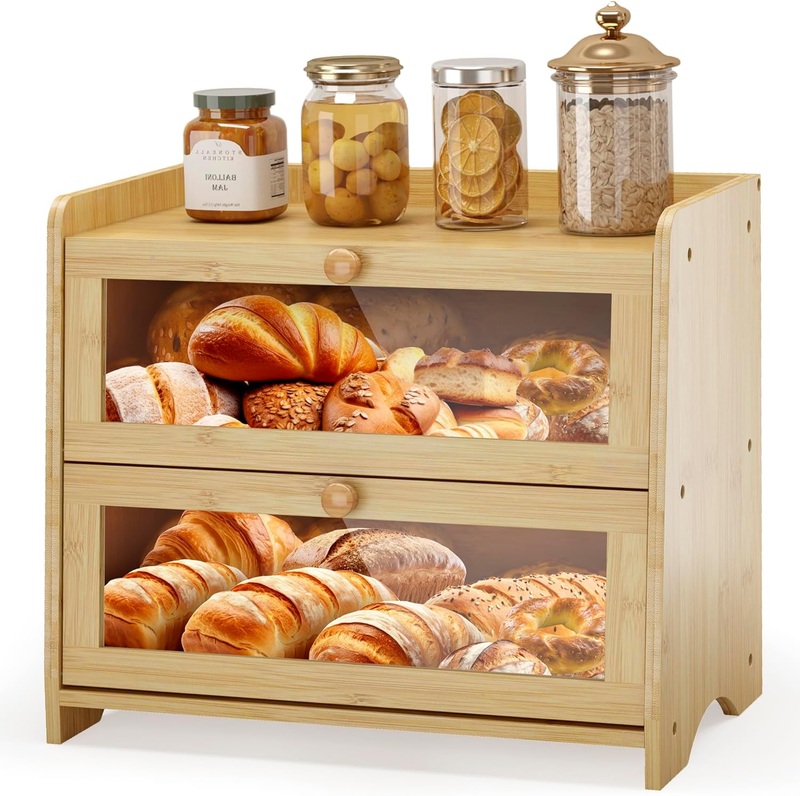 Double Layer Bamboo Bread Box Large Wooden Farmhouse Bread Storage Windows8