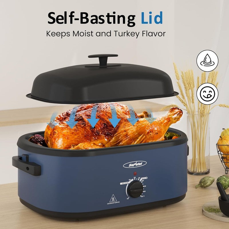 20Qt Electric Roaster Oven Stainless Steel Blue 3-Compartment Turkey Rack2