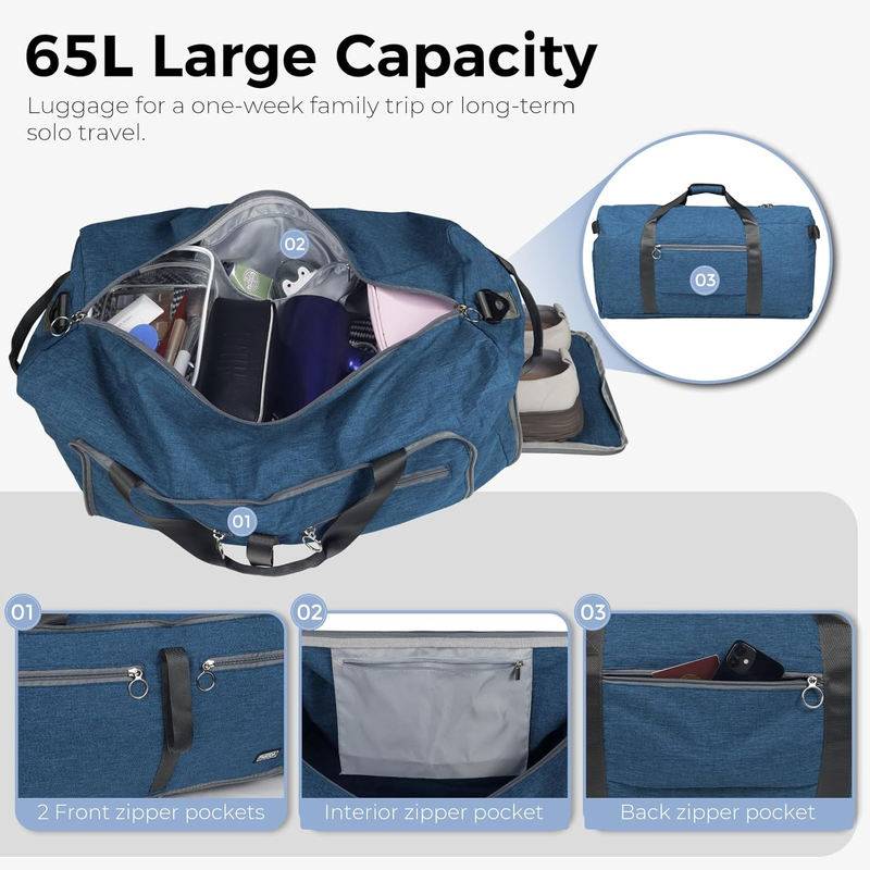65L Travel Duffel Bag Foldable w/ Shoe Compartment Water Resistant Gray3