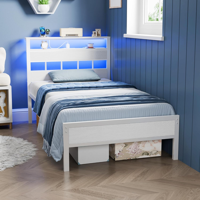 Twin Bed Frame LED Charging Station Storage Headboard Metal Slats White4