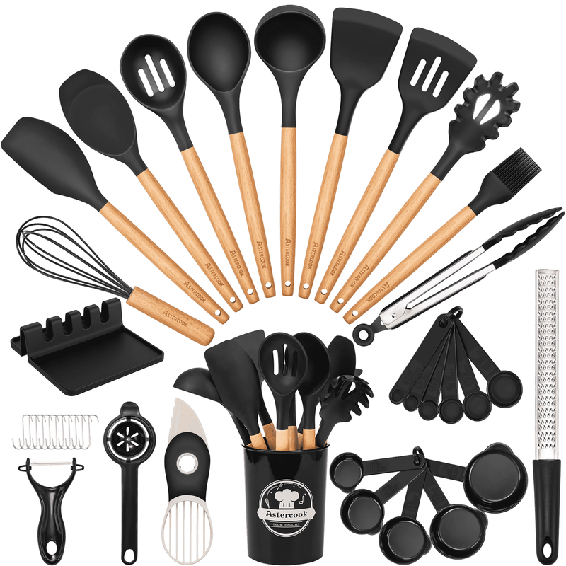 38PCS Silicone Kitchen Utensil Set Wooden Handle Heat Resistant Black0