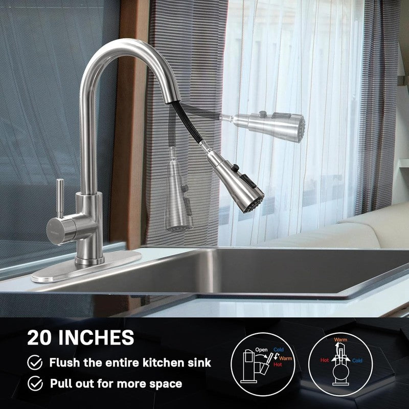 Brushed Nickel Pull Out Kitchen Faucet with Sprayer for Sink and Bar6