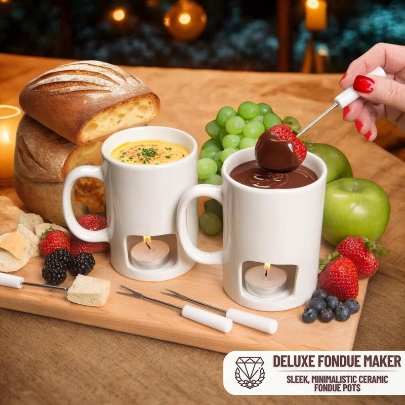 2 Pack Mini Fondue Mug Set, Ceramic, 4 Forks, 8 Candles, Chocolate/Cheese Gift1