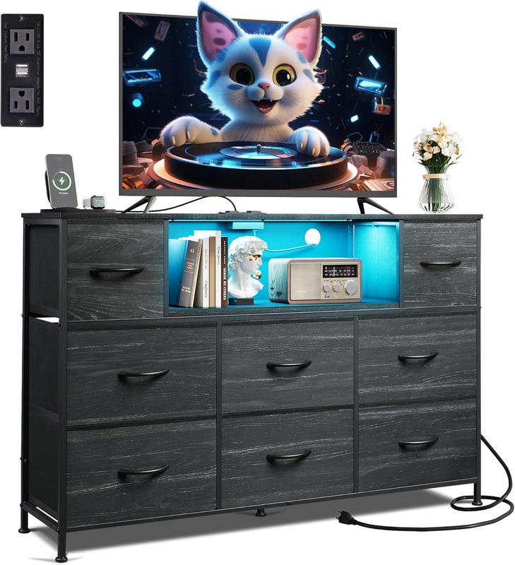 Black TV Stand Dresser LED Lights Charging Station 8 Fabric Drawers Open Shelf10