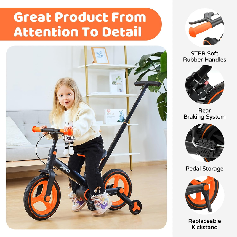 6-in-1 Toddler Bike 12" Balance Bike Push Handle Training Wheels Kids5