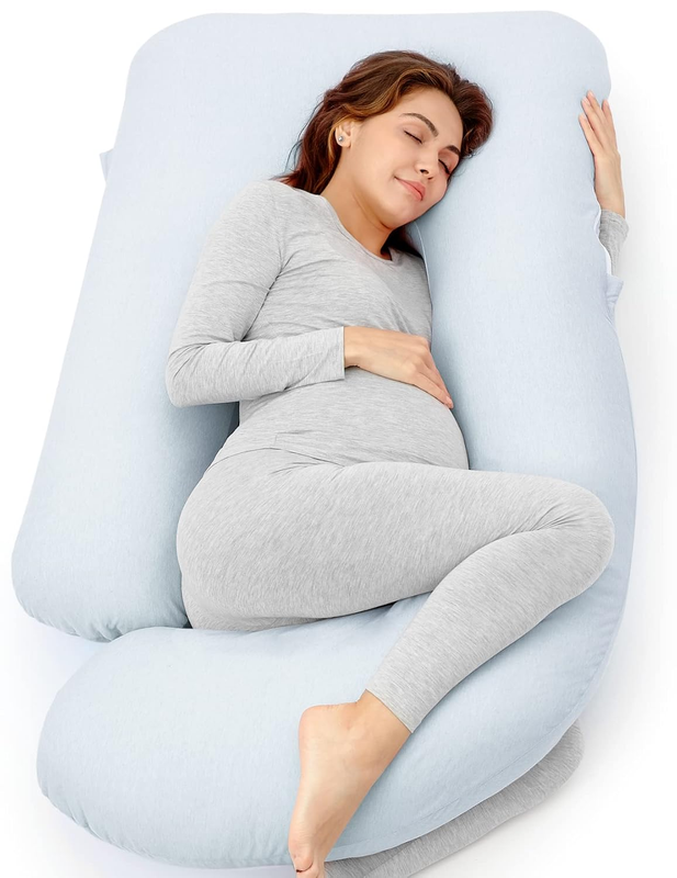 57in U Shaped Pregnancy Pillow Full Body Maternity Jersey Cotton Blue8