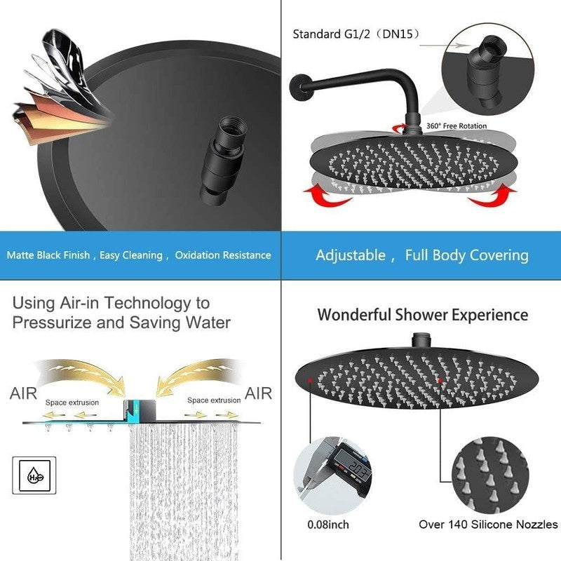 12" Matte Black Rain Shower Head, Ultra-Thin High Pressure Stainless Steel2