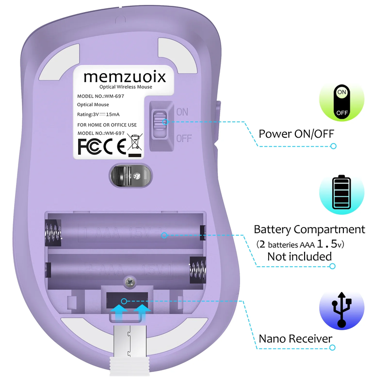 Wireless Optical Mouse 1400 DPI 5 Button USB Receiver for PC Laptop Lilac9