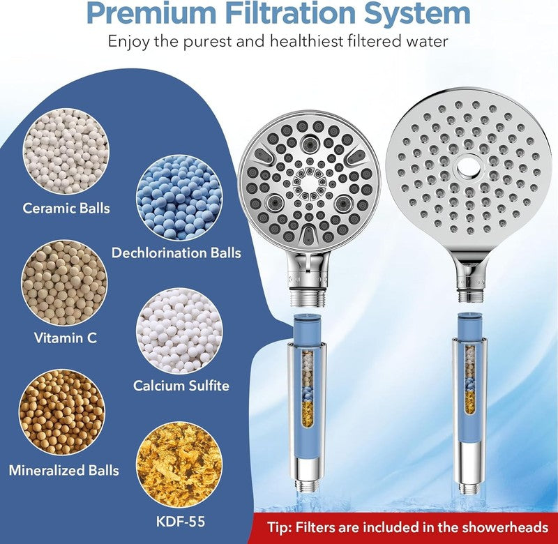 Dual Rain Shower Head Combo w/ Handheld Adjustable Bar Filtered Water Chlorine2