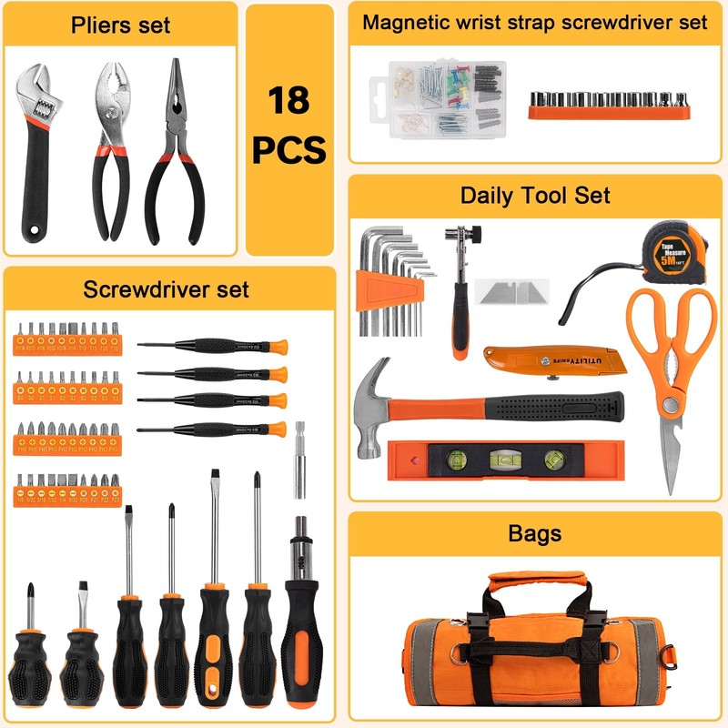 18PC Home Tool Kit with Tool Bag – DIY Tool Set with Hammer, Pliers & Wrenches7