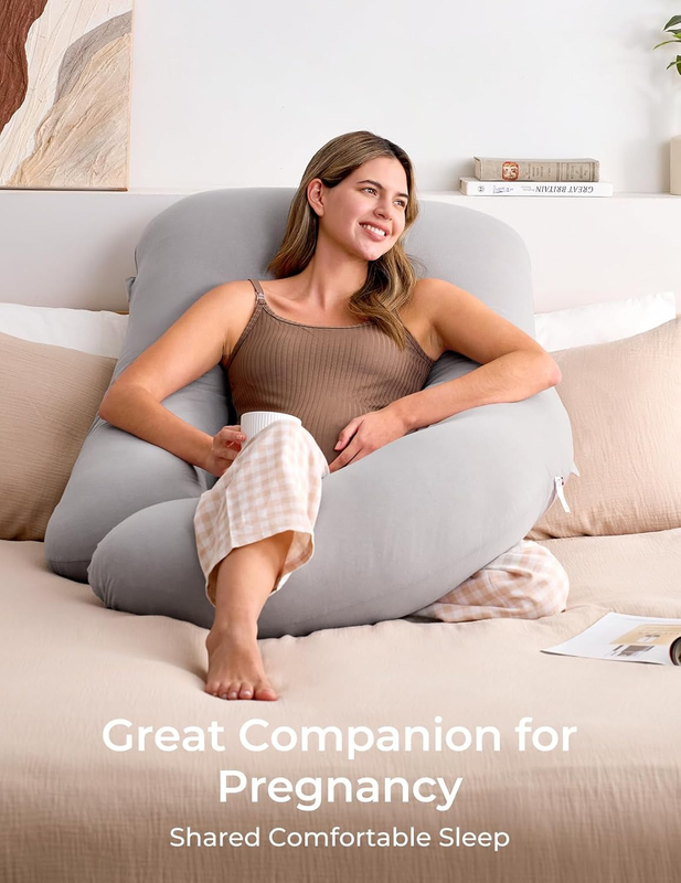 57in U Shaped Pregnancy Pillow Full Body Maternity Jersey Cotton Gray2