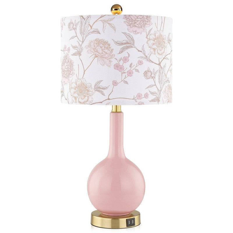 Pink Ceramic Touch Control Table Lamp with USB Ports - 24" Floral Shade7