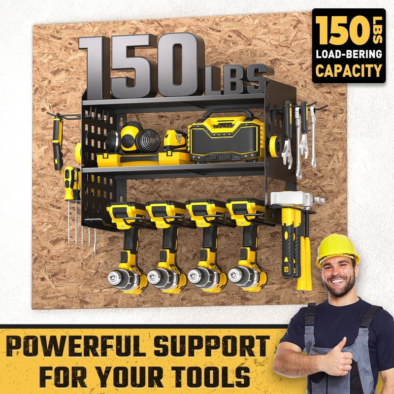 Power Tool Organizer, 3 Layers Drill Holder Wall Mount with 2 Side Pegboards, He2