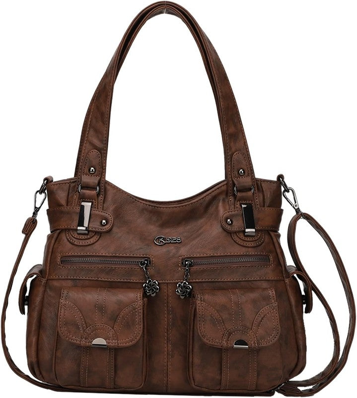 Women's Large PU Leather Hobo Tote Multi Pocket Shoulder Bag2