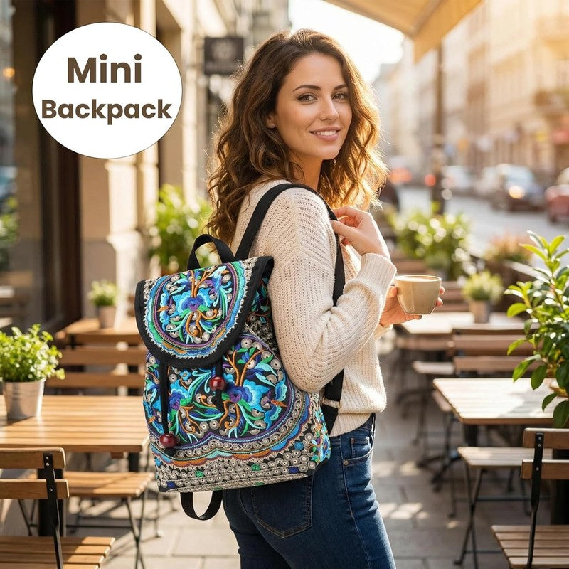 Women Embroidered Backpack Boho Floral Mini Travel Shoulder Bag Lightweight Blue1