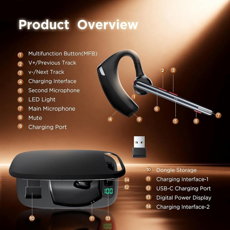 Bluetooth Headset V5.3 Wireless Dual Noise Cancel Mics 300H Standby w/ Case3