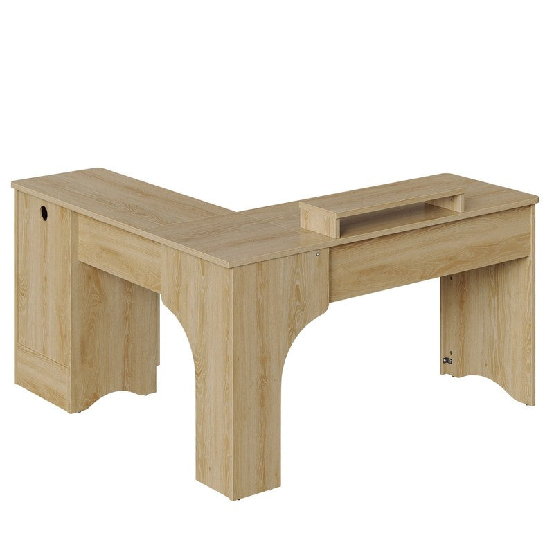 55" L-Shaped Desk with Drawers, Monitor Stand & Fluted Panels Natural Oak10