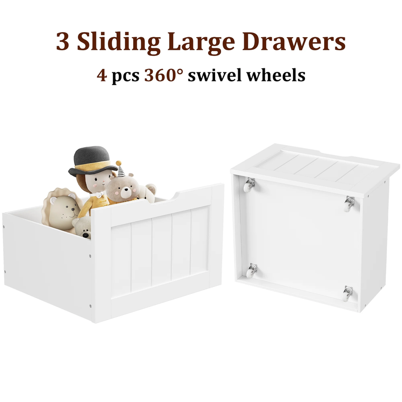 Kids Bookshelf with Reading Nook & 3 Movable Drawers, 2 Cube Bookcase with 4 Tie2