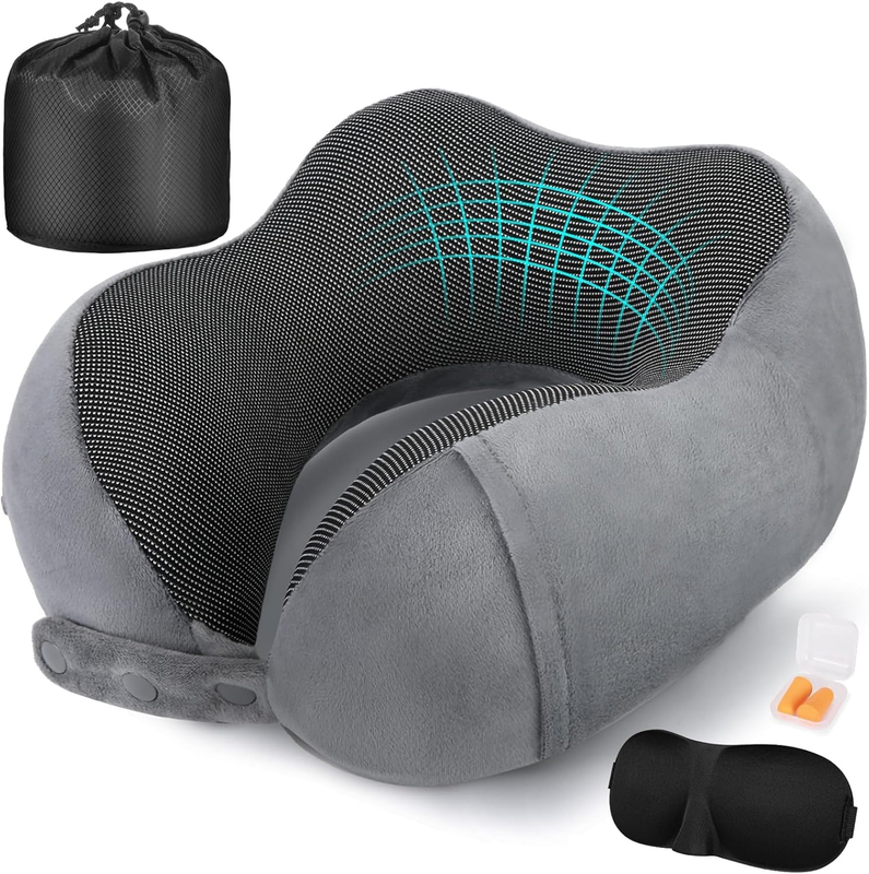 Memory Foam Travel Neck Pillow Adjustable w/ Eye Mask, Earplugs & Carry Bag9