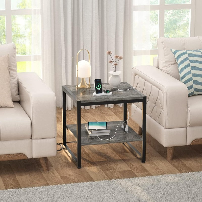 End Table with Charging Station 2 Tier Shelf Mini Fridge Stand Black Oak5