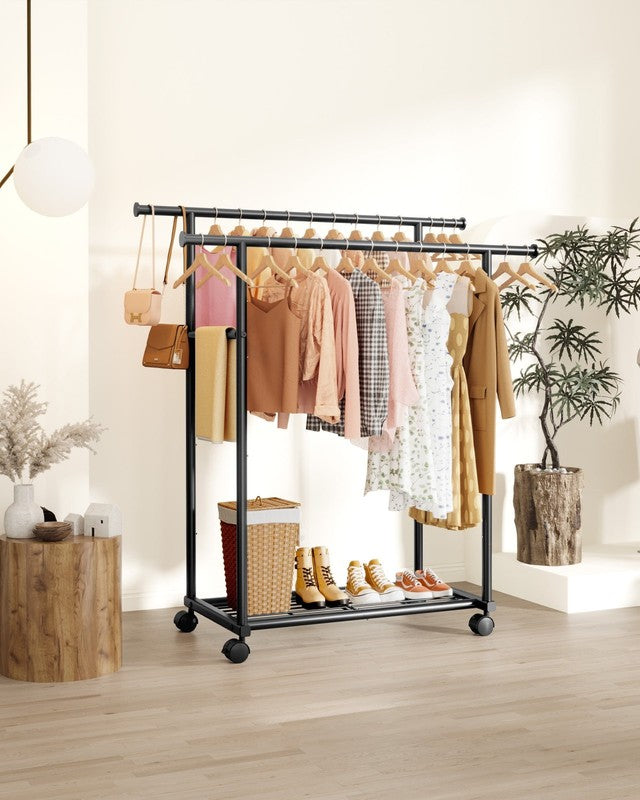 Clothes Rack with Double Hanging Rods and Bottom Shelf, Rolling Metal Garment Ra2