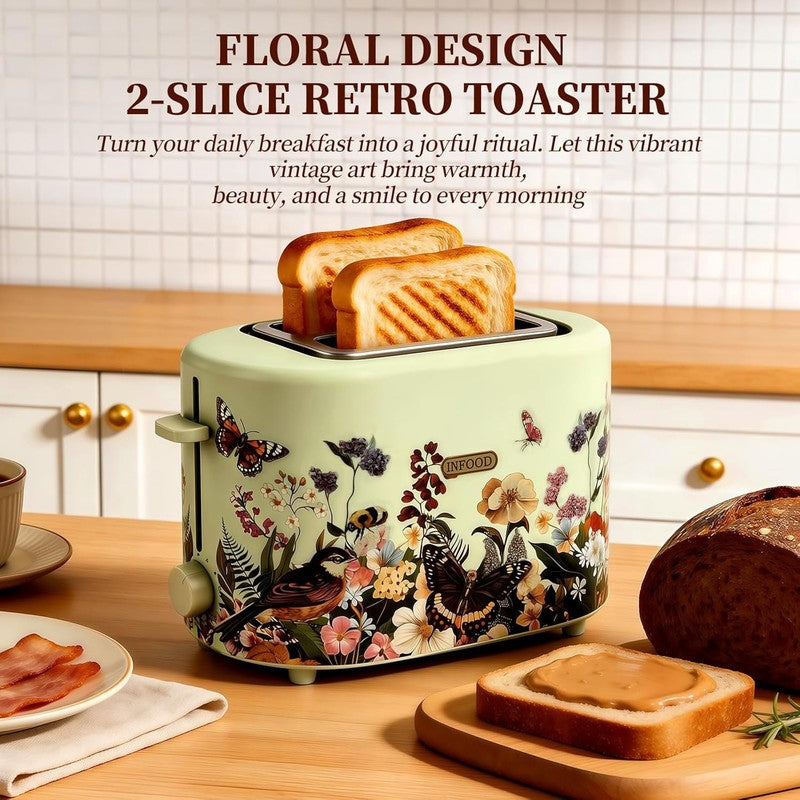 Retro 2 Slice Toaster Floral 6 Settings Wide Slots Warming Rack 750W6
