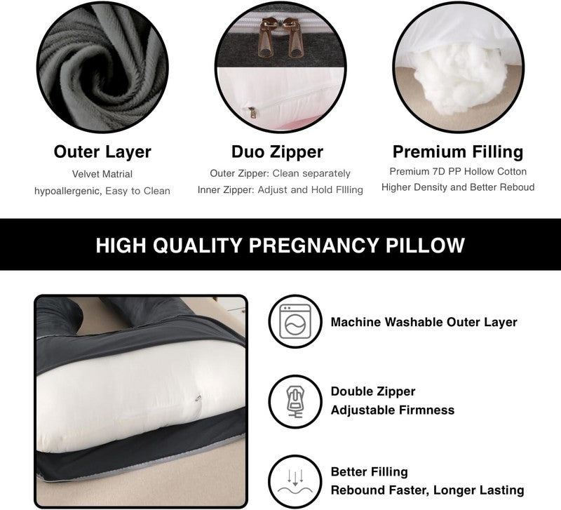 Pregnancy Full Body Maternity Pillow 57" Sleep Support Black Grey Velvet3