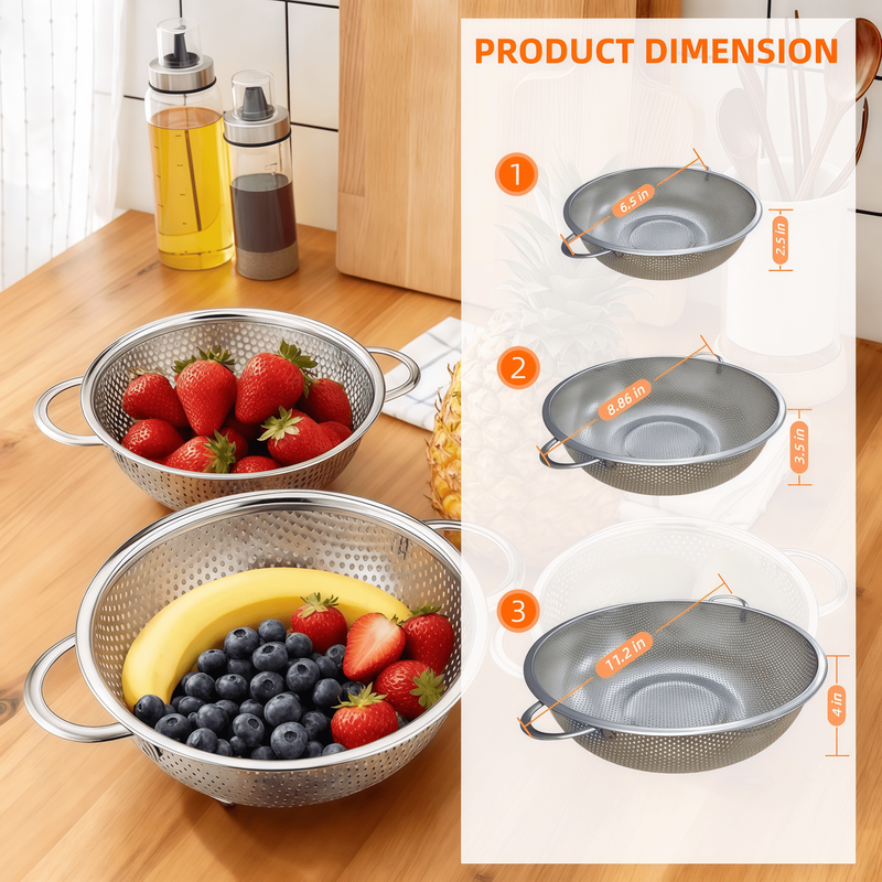 3 Pack Stainless Steel Colander Set (1 3 5Quart), Colanders & Food Strainer, Str8