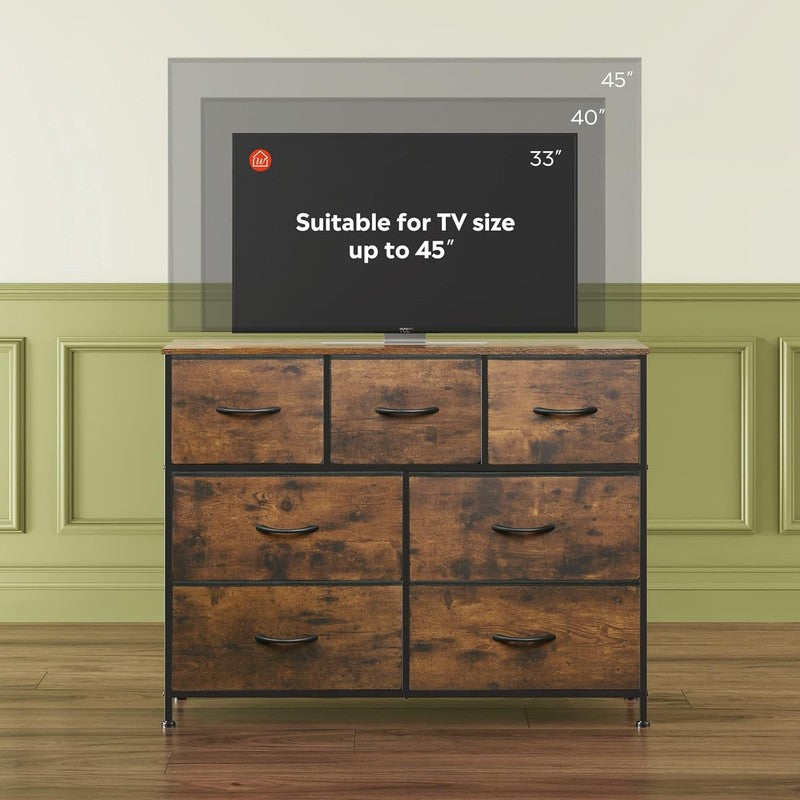 7 Drawer TV Stand Dresser Rustic Brown Wood Grain Metal Frame Storage Chest5