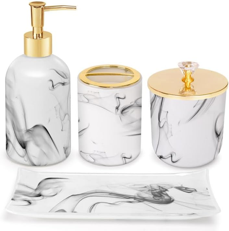 Marble Look Bathroom Accessories Set - 4 Pcs Soap Dispenser & Toothbrush Holder7