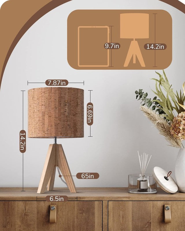 Small Table Lamp Wooden Tripod Bedside Lamp Linen Shade E26 14.2in5