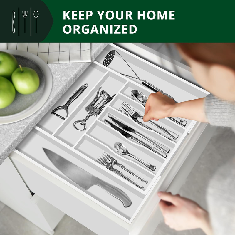 Bamboo Kitchen Drawer Organizer 9 Slot Silverware Utensil Tray White3