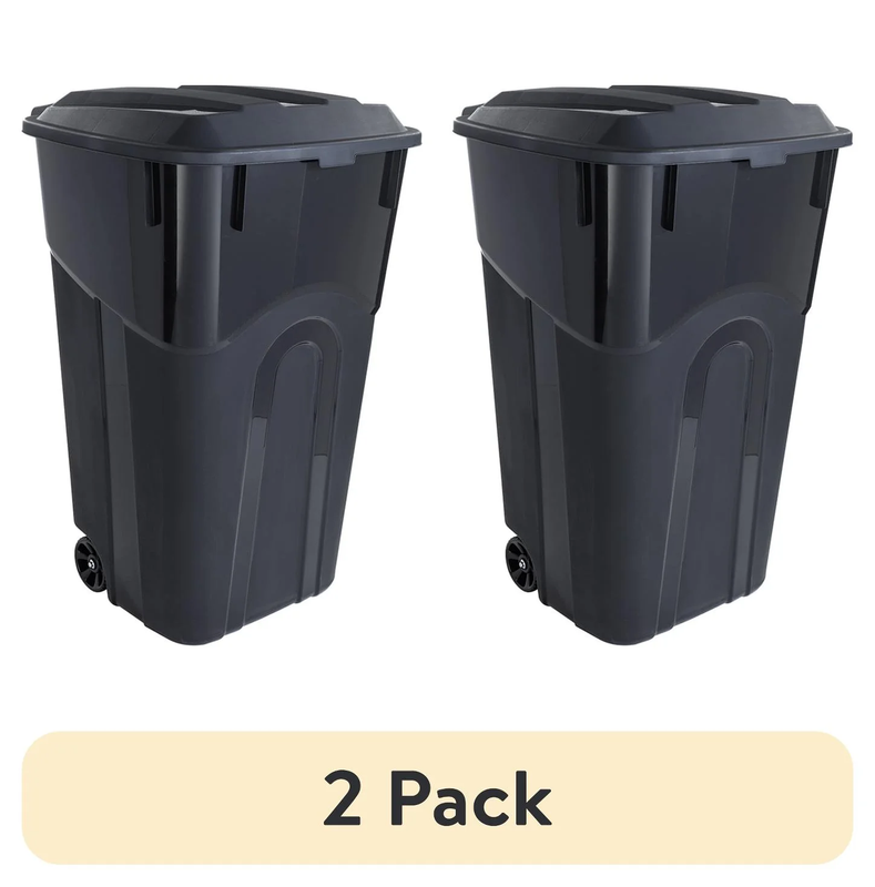 32 Gallon Wheeled Heavy Duty Plastic Garbage Can, Attached Lid, Black (2 Pack)10