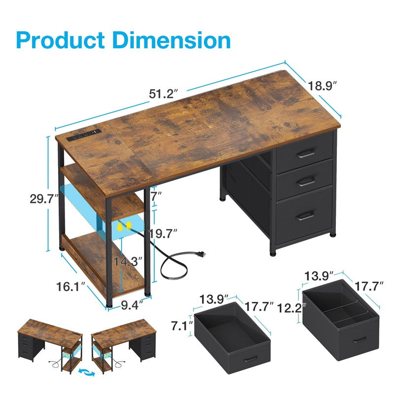 51 Inch Computer Desk with File Drawers & USB Power Outlets- Reversible Home Off3
