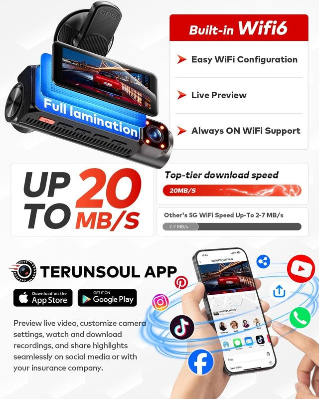 4K+4K+1080P 3-Channel Dash Cam Front/Rear/Cabin WiFi 128GB Card GPS Night Vision3