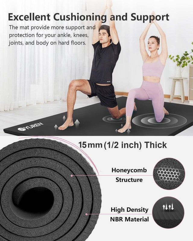 Large Yoga Exercise Mat 78"X51" 1/2" Thick NBR Foam Workout Mats, Black W/ Yoga2