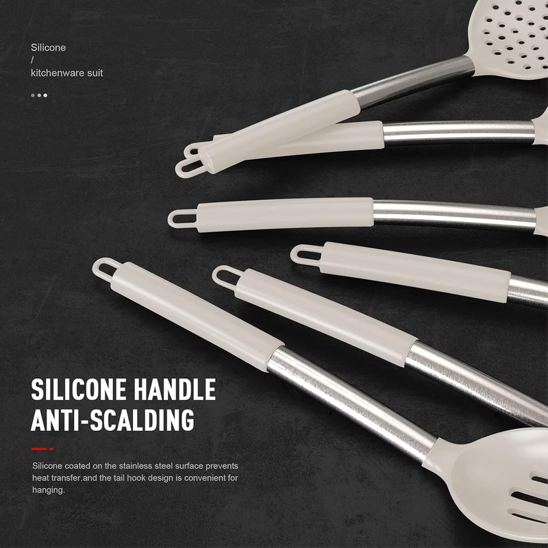 Large Silicone Kitchen Utensil Set Heat Resistant Nonstick Khaki1