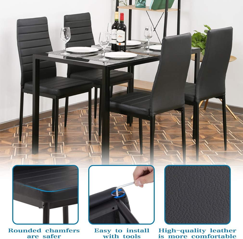 5 Piece Dining Table Black Glass Table 4 Upholstered Faux Leather Easy Assembly3