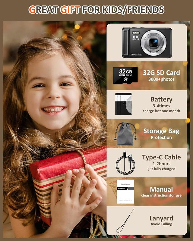 5K Digital Camera 72MP UHD Point & Shoot 16X Zoom 2.8" Screen Flash w 32GB6