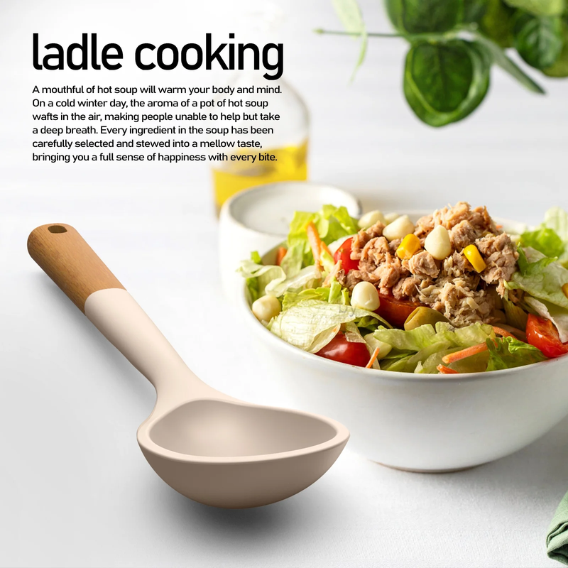 Large Silicone Kitchen Utensil Set Wooden Handle Heat Resistant Khaki7