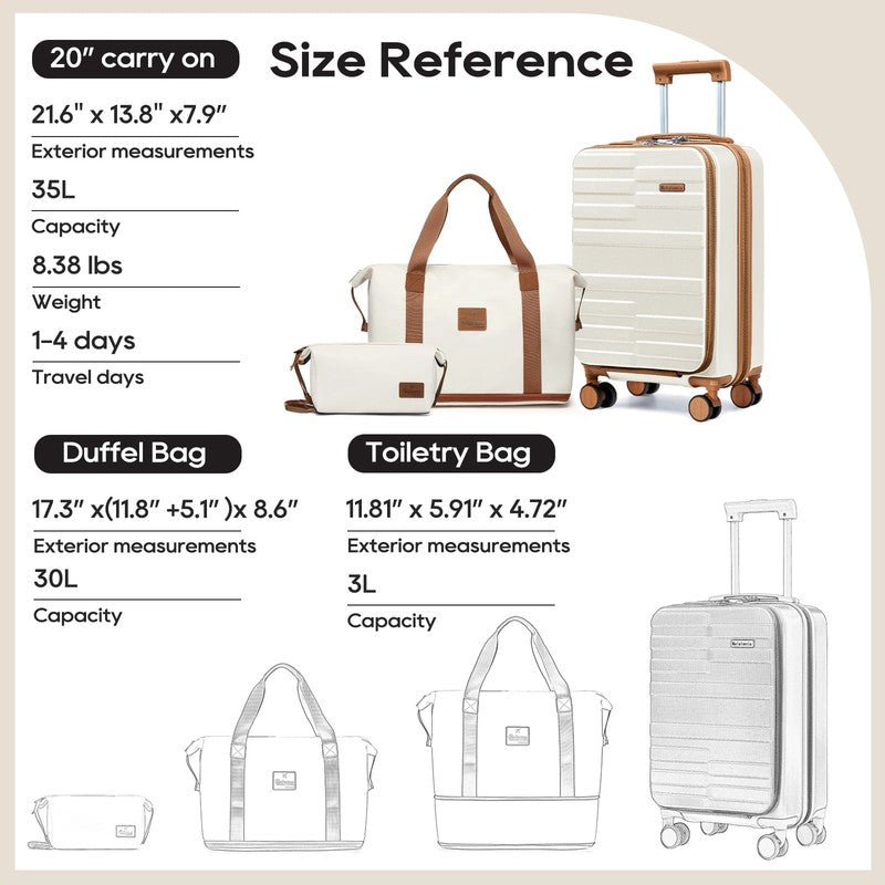 3 Piece Front Opening Cover Carry On Luggage Side Hooks TSA Lock Spinner Wheels 4