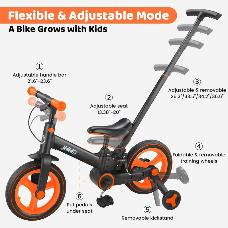 6-in-1 Toddler Bike 12" Balance Bike Push Handle Training Wheels Kids3