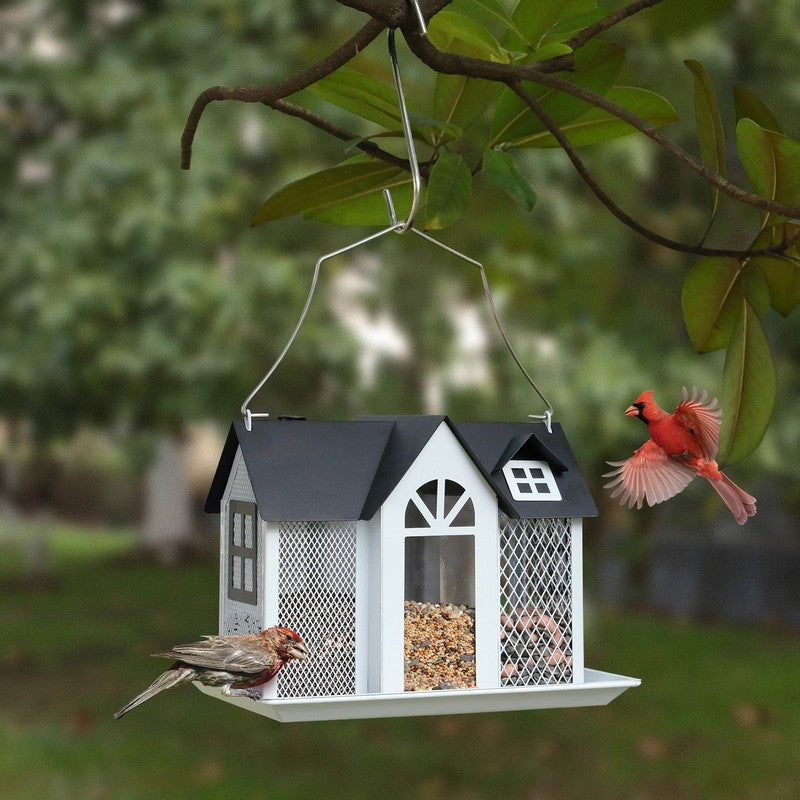 White Metal Weatherproof Bird Feeder House, Triple Feeders for Finch & Cardinal5