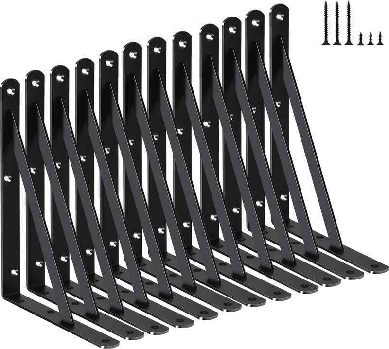 12 Pack L8 X H 6" Black Heavy Duty Shelf Brackets with Screws Metal Shelf Bracke10