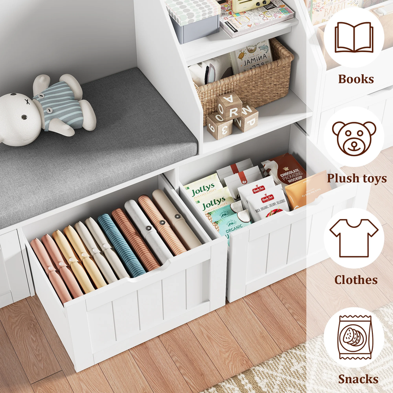 Kids Bookshelf with Reading Nook & 3 Movable Drawers, 2 Cube Bookcase with 4 Tie8