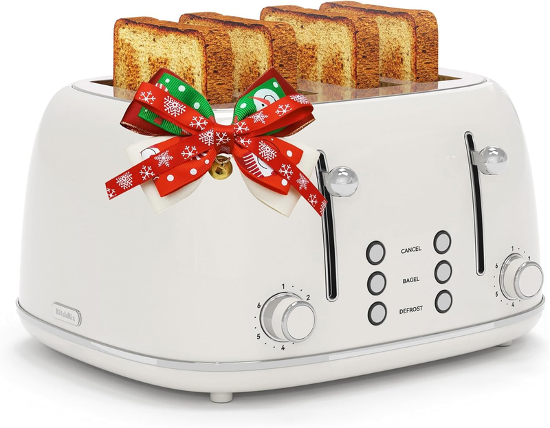 4-Slice Retro Toaster White 6 Shade Settings Cancel/Defrost/Reheat Wide Slots10