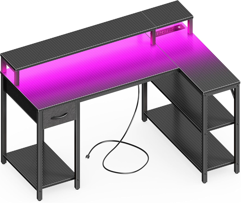 47'' L Shaped Gaming Desk LED Lights Power Outlets Reversible Black0
