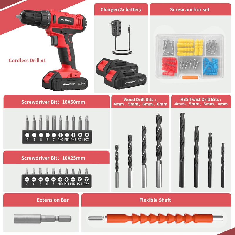 20V Cordless Drill Driver Kit 30Nm 21+1 Torque 2-Speed LED 2 Batteries Red3