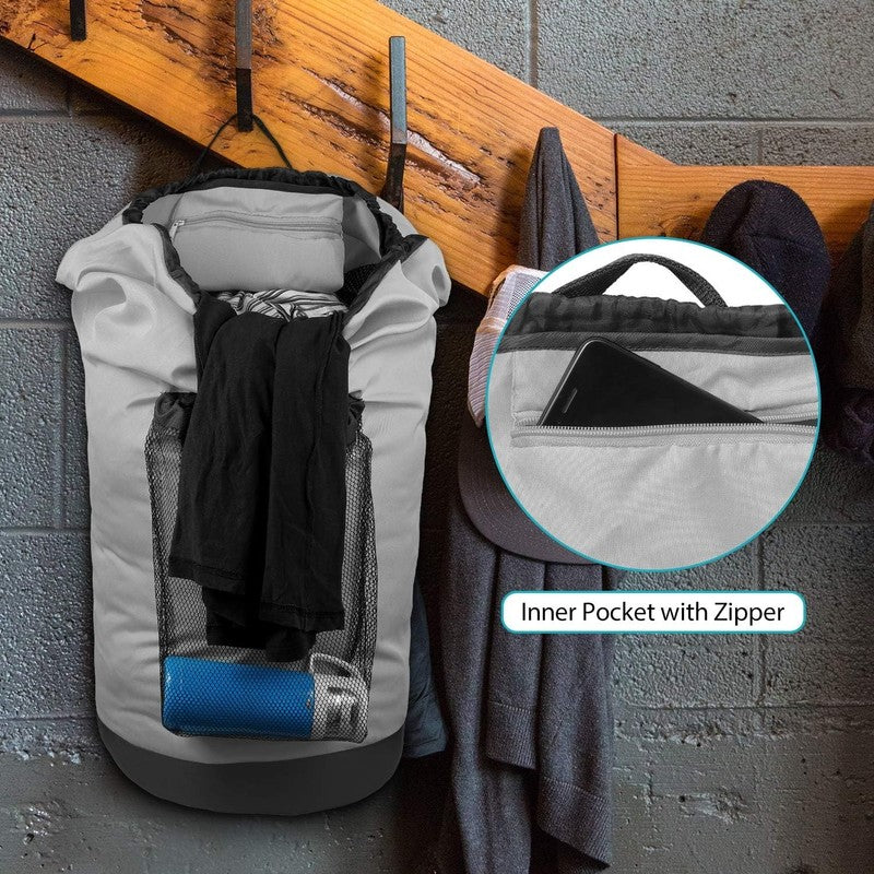 Backpack Laundry Bag with Straps & Mesh Pocket, Durable Nylon Clothes Grey3